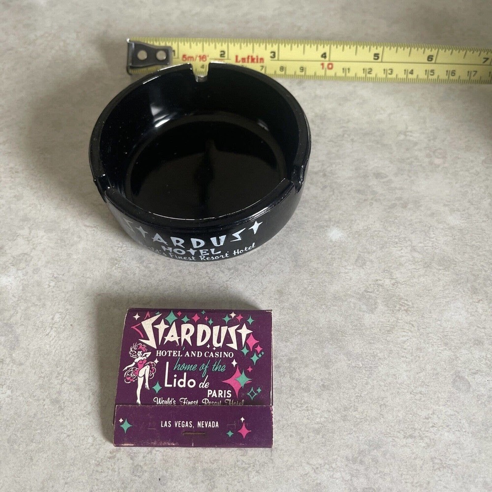 STARDUST HOTEL Casino Las Vegas Nevada BLACK GLASS Ashtray 1975 Vtg Matchbook